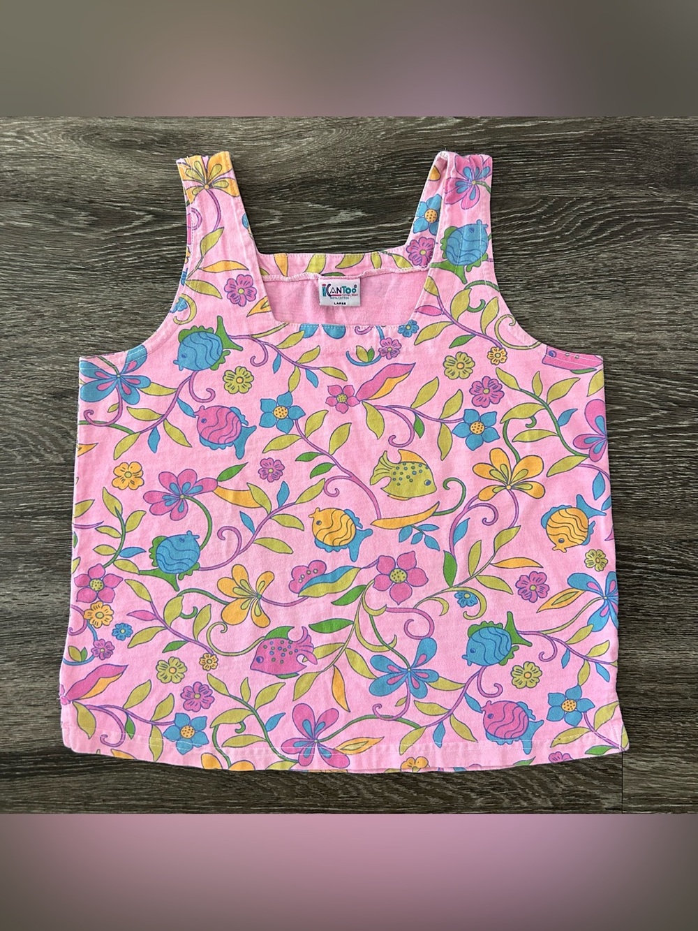 Vtg ICanToo Pink Cotton Tank Top Sz L Beach Tropical 90s Floral Fish Square Neck